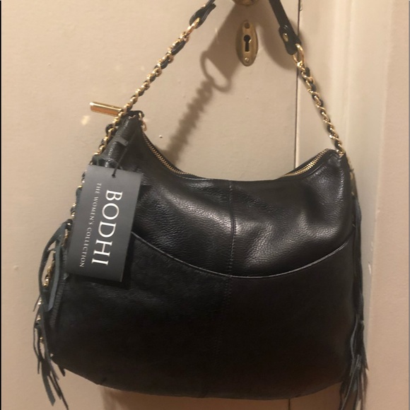 NWT FRINGE IS IN Bodhi black textured leather hobo with gold chain and fringe